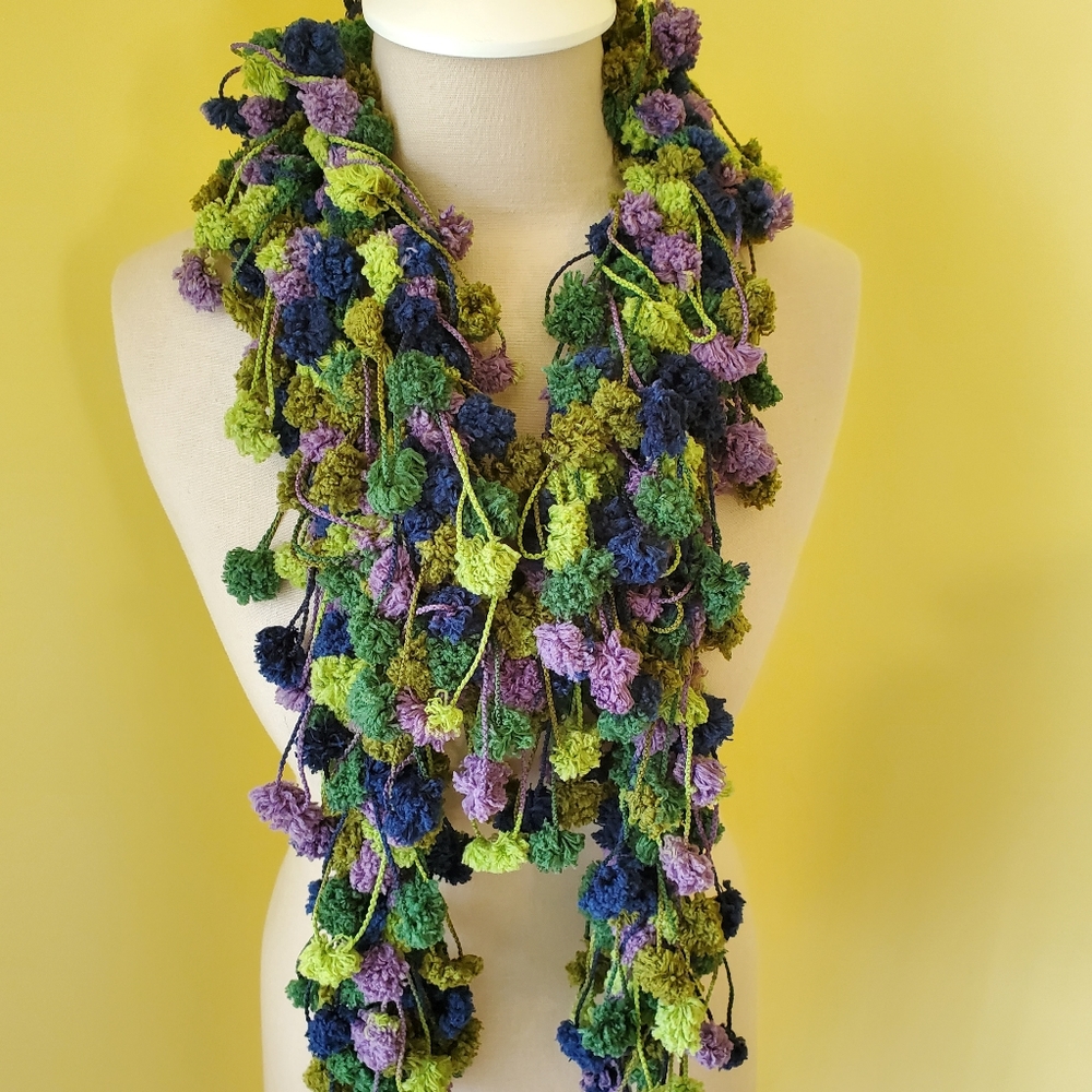 Crocheted Green and Purple PomPom Loop Scarf/New